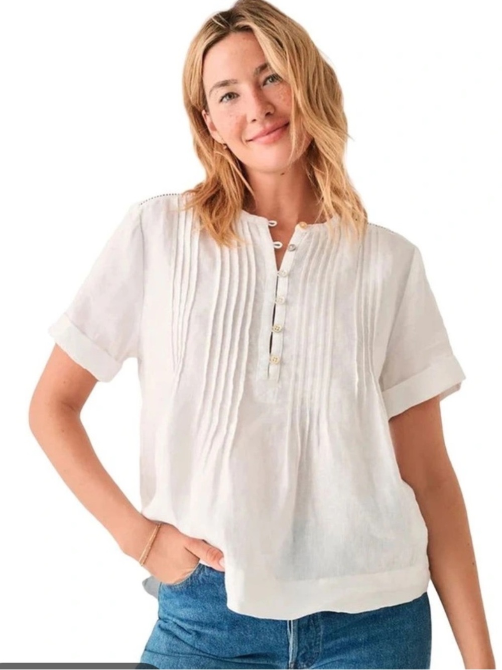 Faherty Gemina Linen Pintuck Blouse Short Sleeve Top White Sz medium